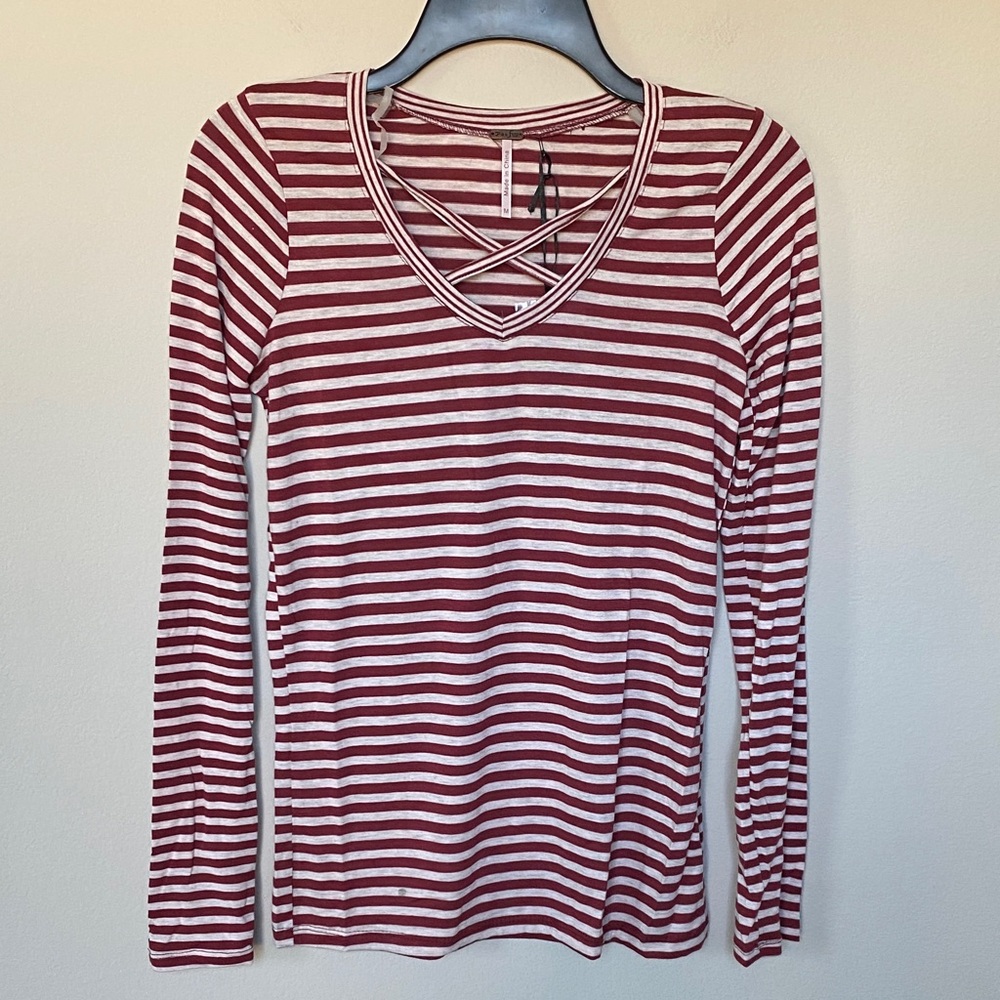 Poof Apparel Burgundy and Cream Long Sleeve Shirt